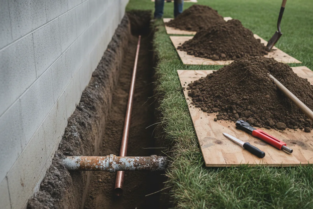 Excavated water line trench during Sewer Line Repair in La Fargeville